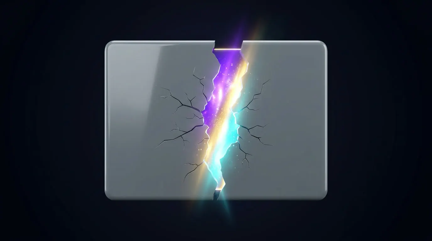 Painel de vidro cinzento rachado ao meio por um raio de luz roxa.