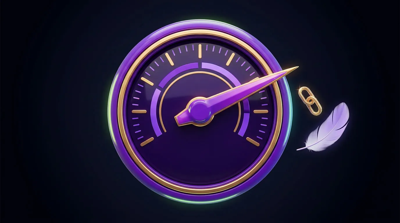 Conta-rotações roxo e dourado com o ponteiro no máximo, ao lado de uma pena e de um elo de corrente.
