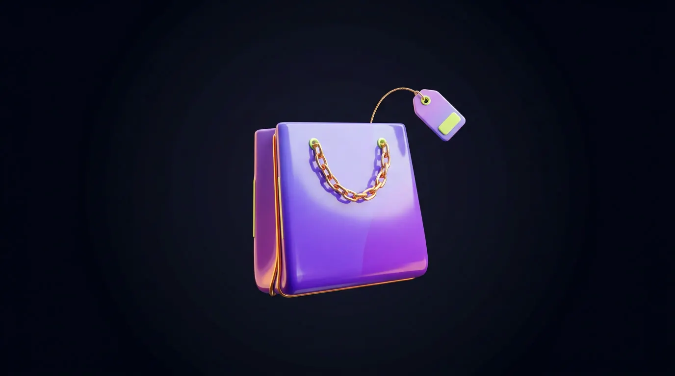 Saco de compras roxo com uma etiqueta de preço, sobre fundo escuro.